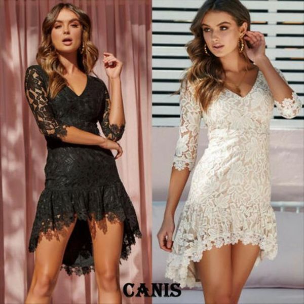 

casual v neck lace womens dress short evening party midi sleeves asymmetrical, Black;gray