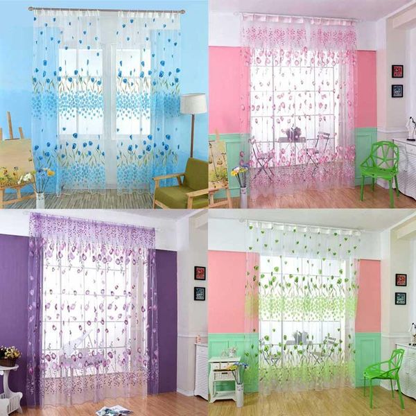 

curtain & drapes 1x2m modern voile tulips flowers tulle valance beads tassel door sheer panel home decoration