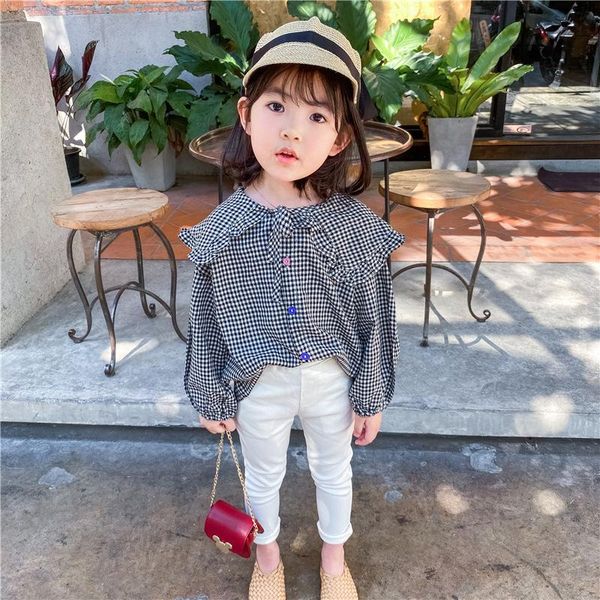 

shirts kid clothes baby long-sleeved shirt female cotton big lapel doll collar plaid blouse color buttons, White;black