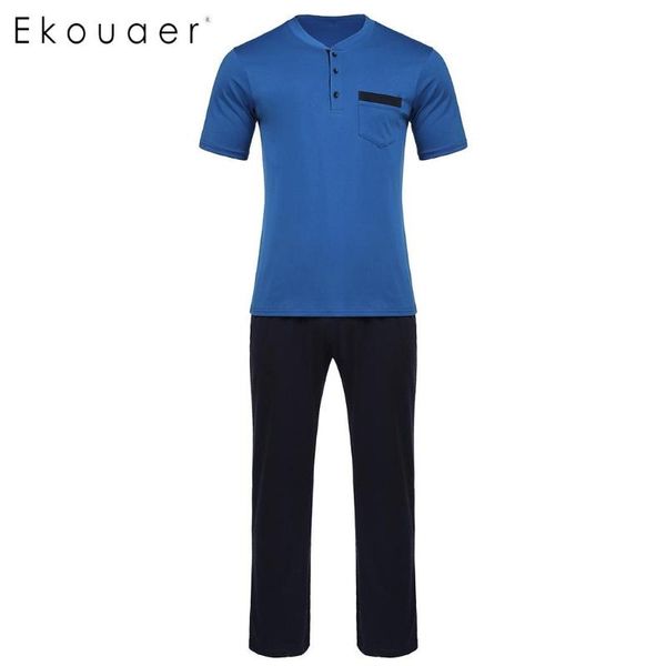 

men's sleepwear ekouaer men pajama set loungewear contrast color o-neck short sleeve t-shirts long pants loose pajamas home suits, Black;brown