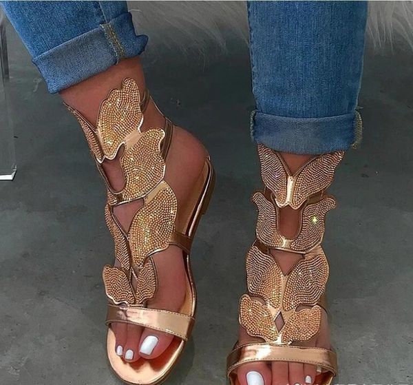 

sandals 2021 summer fashion rhinestone butterfly flat bottom large size roman women, Black