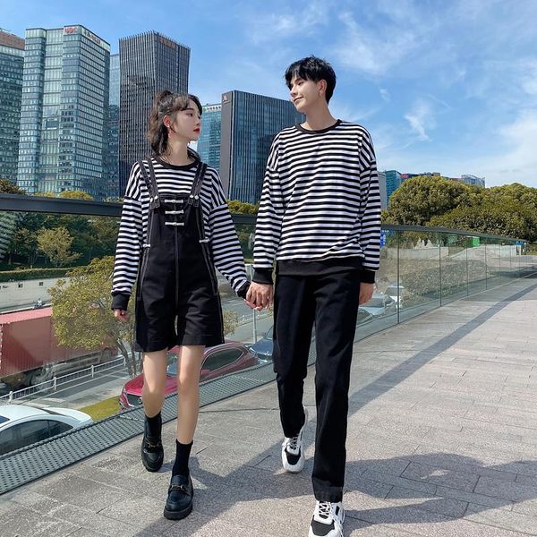 

women's hoodies & sweatshirts small design couples wear denim halter skirts, jeans and striped clothes, Black