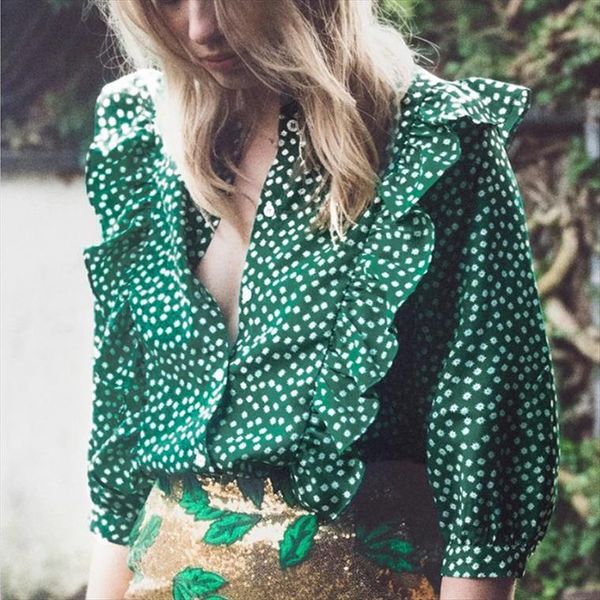 

summer floral polka dot womens blouses stand collar loose sleeve button open shirts green red black boho beach holiday, White