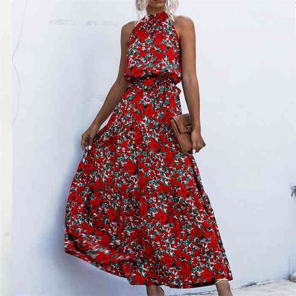 

summer elegant beach women dress 2021 long print flowers polka-dot strap ladies halter boho dress vintage party ladies dress, Black;gray