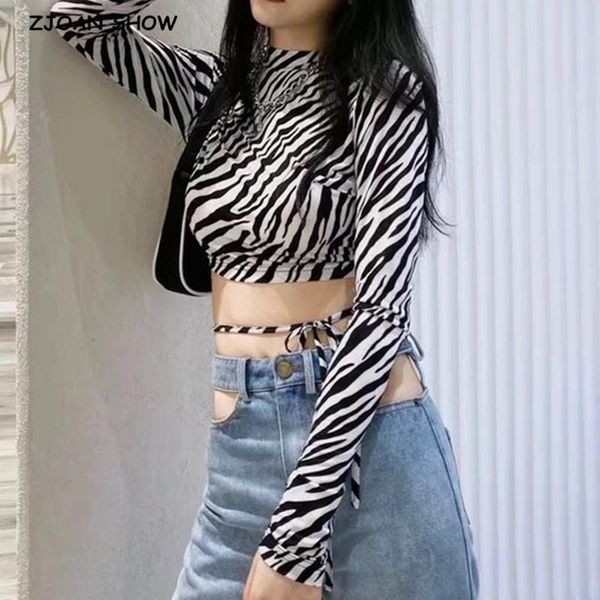 

women's t-shirt zebra leopard snake pattern print long sleeve backless crop woman waist bandage pullover tee party, White