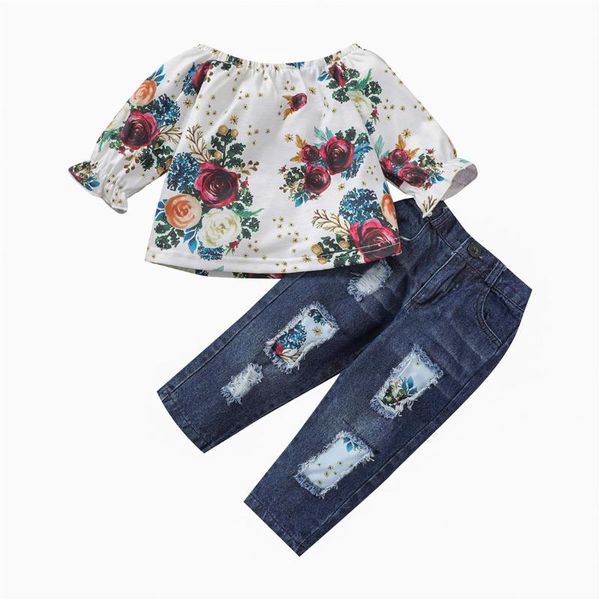 

clothing sets 2021 1-6y kids baby girl fashion 2pcs floral print long sleeve patch denim pants spring outfits set, White