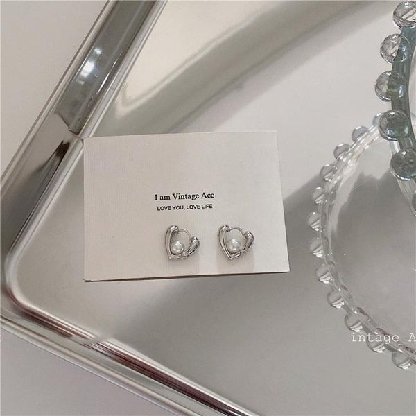 

hoop & huggie origin summer statement metallic love heart earring for women girls simulation pearl hollow out geometric jewelry, Golden;silver