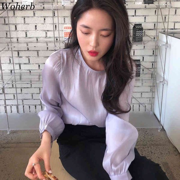 

see through shirts women spring summer solid long puff sleeve ladies blouses loose casual female 210417, White