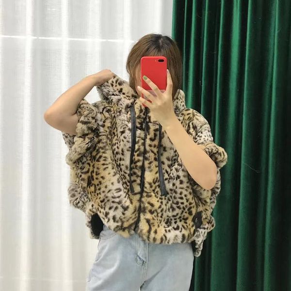 

women's fur & faux fashion hooded pullover bat shirt women short real rex leopard print jacket coat, Black