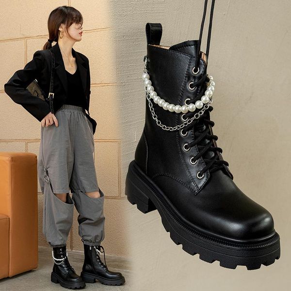 

boots qzyerai ankle platform women cow leather round toe lace-up closure ladies thick sole shoes handmade motorcycle, Black