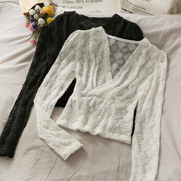 

french niche slightly transparent waist lace bottoming shirt, women's autumn cross v-neck slim long-sleeved shirt blouses & shirts, White