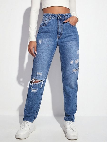 

high waist ripped mom fit jeans q44i#, Blue