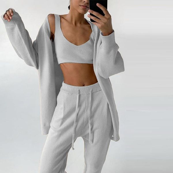 

knitted sweater tracksuit v neck cardigans and long pants three piece set suits women 2021 spring clothing outfit women's two, White