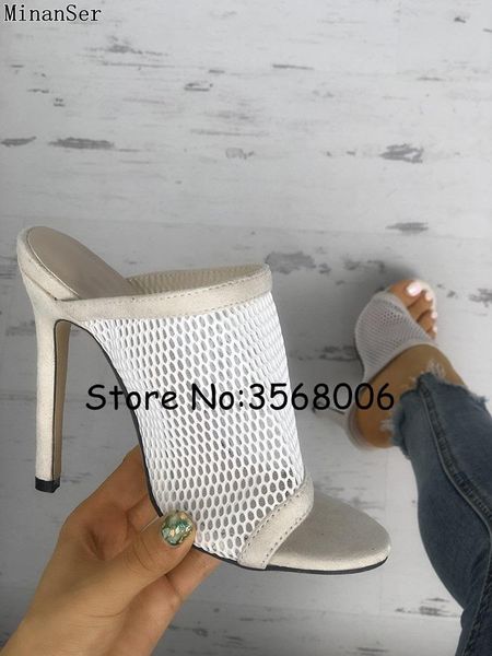 

fishnet peep toe thin heeled sandals black white suede slip-on high heels mesh lady cut-outs summer slippers shoes