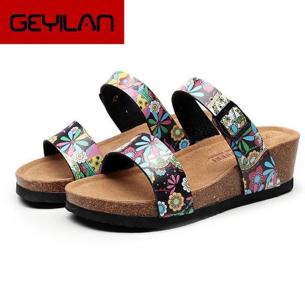 

slippers wedges shoes summer women flower 2021 female fashion cork beach slides for platform slipper, Black