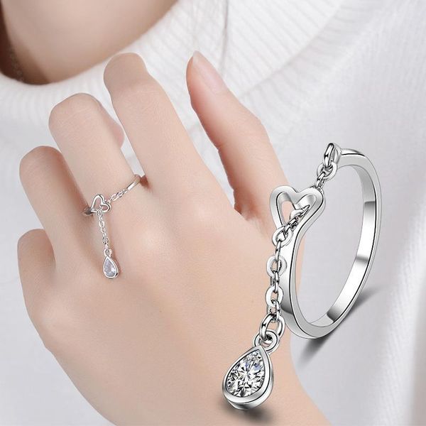 

cluster rings japanese and korean version 925 sterling silver adjustable tassel water drop ring ladies valentine's day gift love, Golden;silver