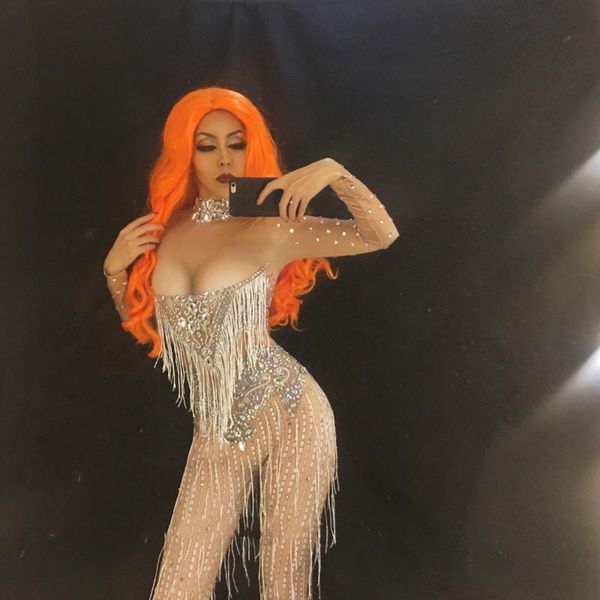 

women's jumpsuits & rompers dj flash crystals jumpsuit party costume stage wear bodysuit women singer rhinestones nude color outfit, Black;white