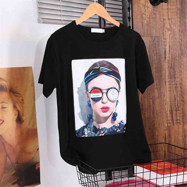 Yaz kadın Beyaz Giysileri Moda Avrupa Tarzı Gevşek Lady T-Shirt Siyah Baskı Aplikler Rahat Kadın 210720 Tops