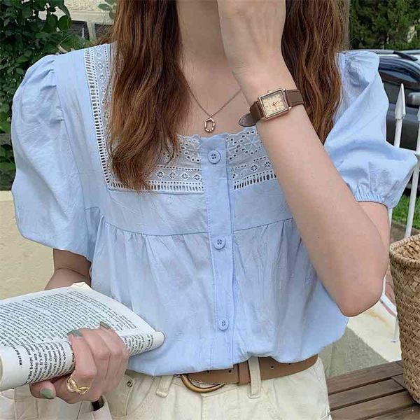 

women's blouses & shirts korea loose-fitting lace streetwear basic slim gentle chic lady ol femme square collar, White