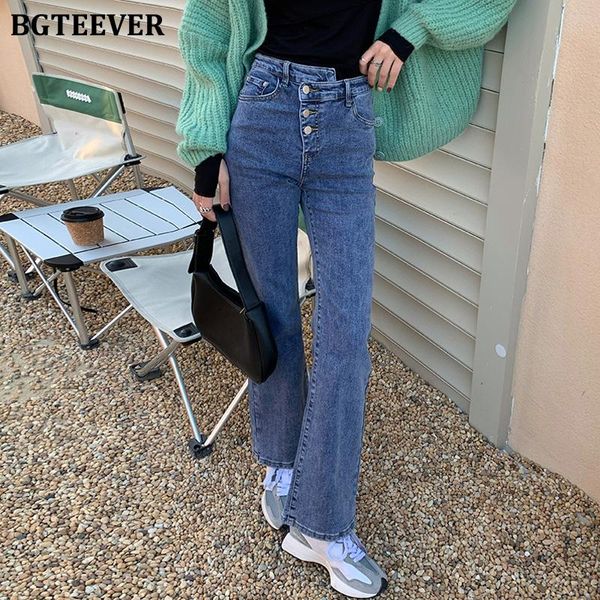 

fashion high waist inclined buttons flare jeans for women casual pockets denim pants female 2021 spring women's, Blue