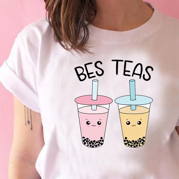 

women bes teas boba tea t shirt cute bubble kawaii friends ulzzang matching shirts casual, White