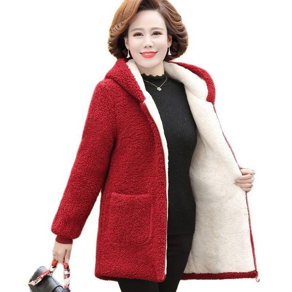

women's fur & faux mother winter jacket 2021 female lambswool plus velvet cotton coat size 5xl overcoat hooded warm lady outerwear, Black