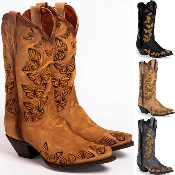 

boots women's warm mid-calf boot ladies casual walking shoes butterfly embroidered female footwear outdoor sneakers retro cowgirl, Black