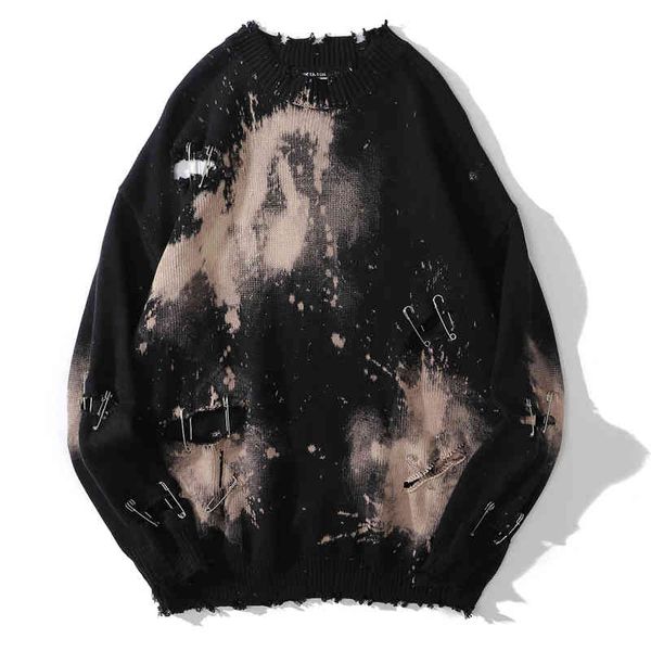 

hip hop men distrsed dtroyed hole knitwear s pullover sweatshirt tie dye knitted streetwear vintage sweater, White;black