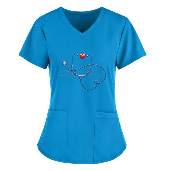

women's t-shirt women short sleeve v-neck working uniform printing pocket t shirt summer cute casual woman clothes #t2p, White