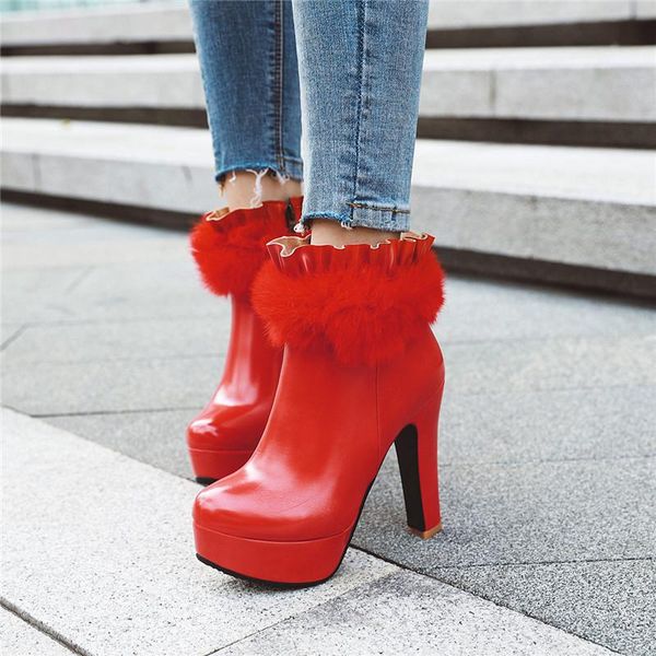 

boots fashion 2021 winter high heel ruffles fur designer womens party bride wedding shoes red white platform ankle, Black