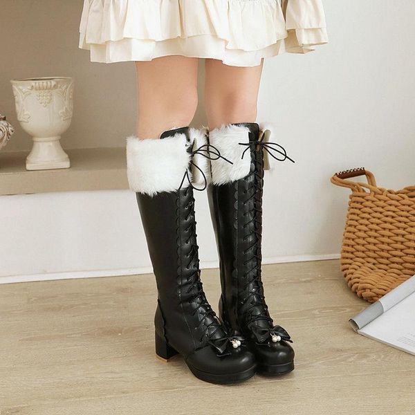 

boots warm plush winter women knee high long lace up pink gothic lolita shoes female fashion bow knot big size, Black