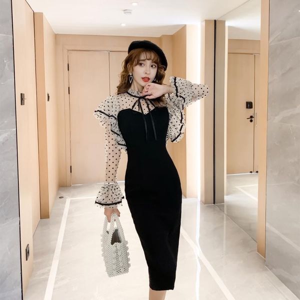 

vestidos women korean bodycon midi dress lady elegant mesh patchwork business evening party black length package dot casual dresses, Black;gray