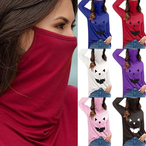 

#r40 blouse women casual loose shirt turtleneck long sleeve soild blouses with face cover plus size clothing women's & shirts, White