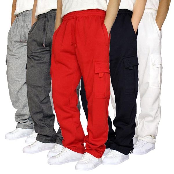 

men's pants loose straight fashion casual side large pocket streetwear trousers drawstring cargo, Black