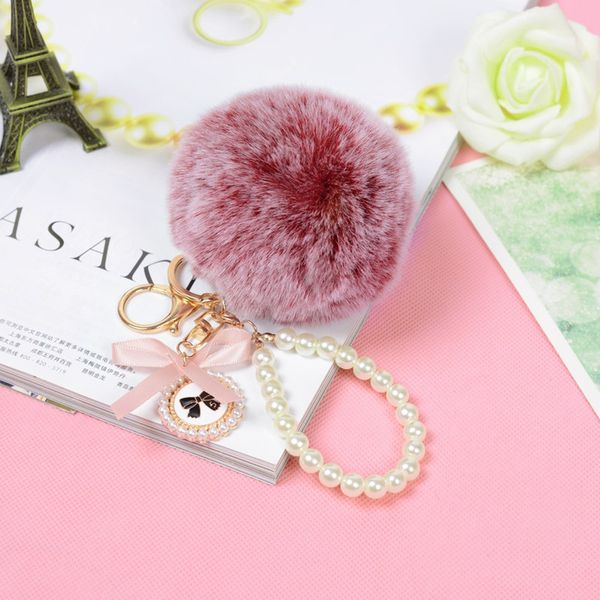 

2021 fashion keychain pearl bow bag cute keychain imitation rabbit car hair ball pendant, Slivery;golden