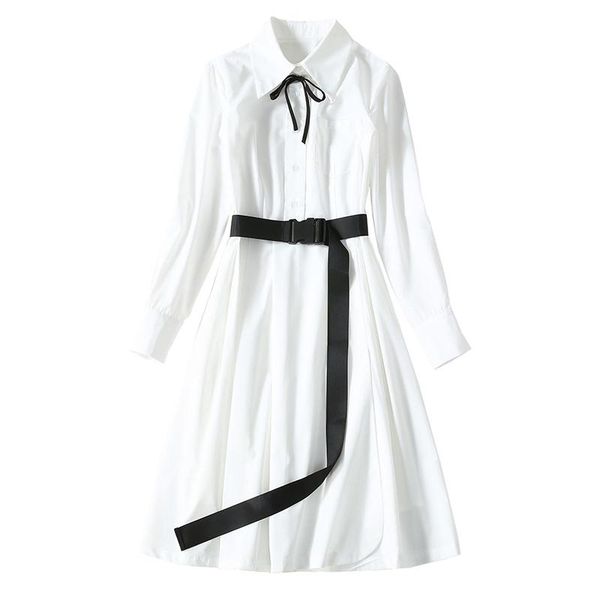 

casual dresses large sizes clothes dress for woman elegant white turn-down collar buckle belted long sleeve knee length a line, Black;gray
