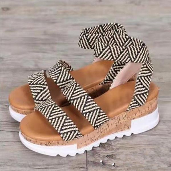 

sandals women's plus size 2021 summer style thick-soled wedges beach fashion shoes designer, Black