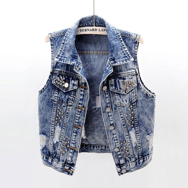 

women's vests women will see sleeveless denim cat kawaii jacket printed hole vest torn rivets casual ladies jean jackets r7nm, Black;white