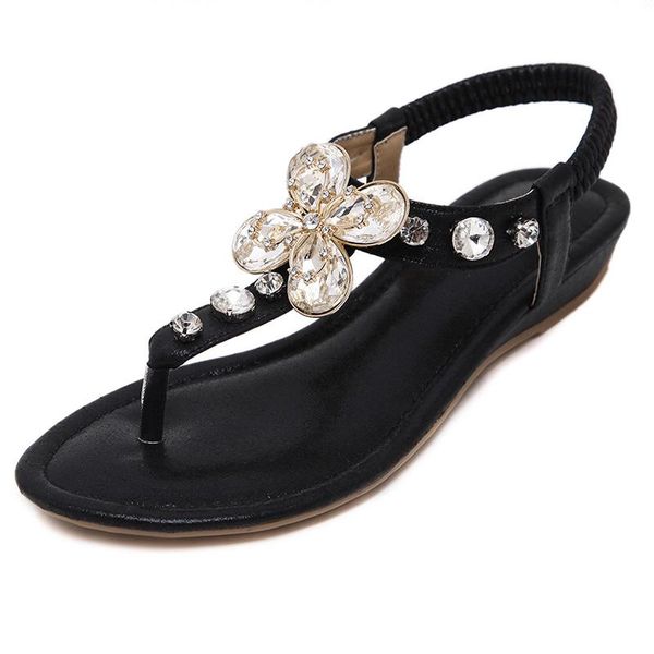 

sandals women summer rhinestone heel t-strap flip flops beach thong wedge's shoes, Black