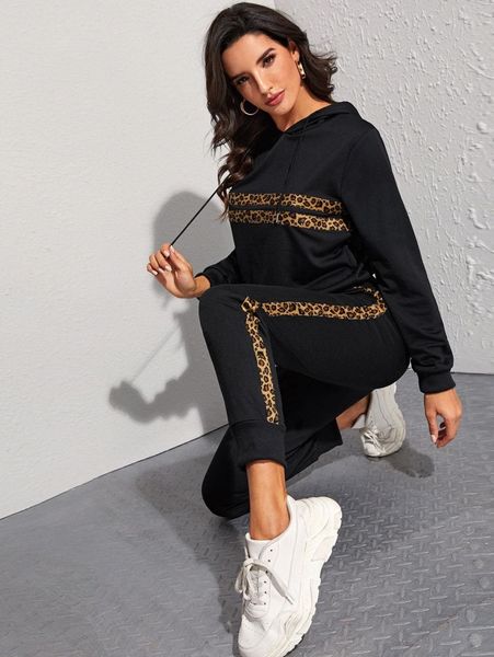 

contrast leopard drawstring hoodie with sweatpants x25l#, White