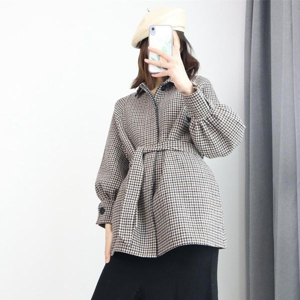 

women's wool & blends double side plaid yarn dyed lantern sleeve profile lace up short overcoat, Black