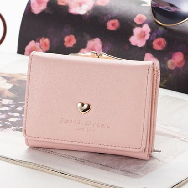 

wallets women mini tri-fold pu leather coin pocket snap closure portable love heart small lock card holder short metal frame gift wallet, Red;black