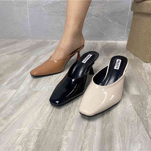 

slippers 2021 fashion women mules shoes patent leather thin high heels slip on slides square toe shallow party pumps v1av, Black