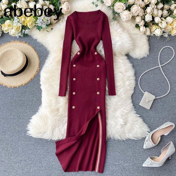 

women split knitting dress autumn winter o neck long sleeve dress korean elasticity warm sheath sweater dress, Black;gray
