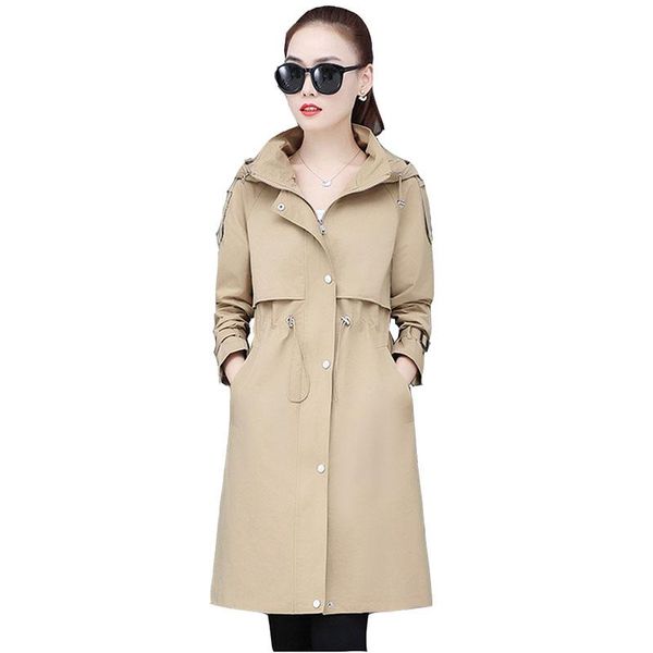 

women's trench coats autumn hooded coat spring plus size drawstring ladies long windbreaker fashion slim female overwear, Tan;black