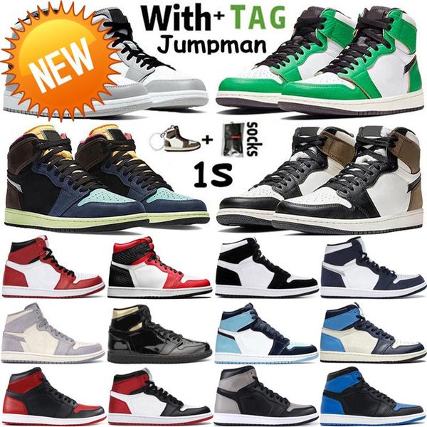 

2022 high og jumpman 1 1s mens basketball shoes lucky green tokyo hack light smoke grey unc obsidian twist women sneakers trainers size, Black