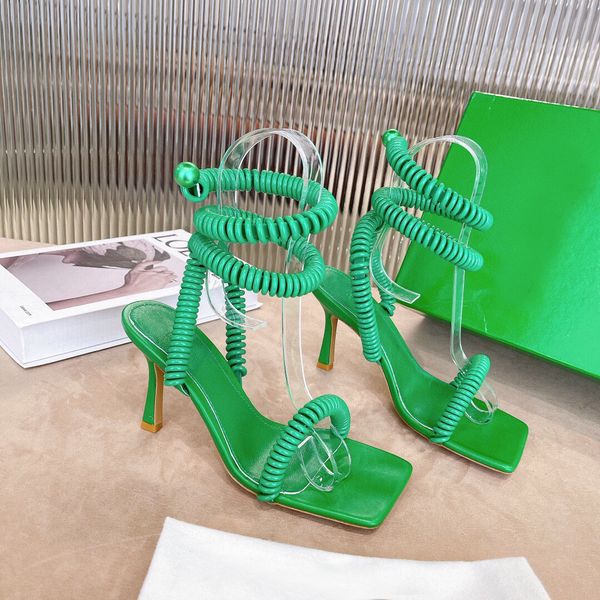 

green phone cord runway women sandals square toe snake ankle strap designer sandals 2022 thin high heels stretch sandals, Black