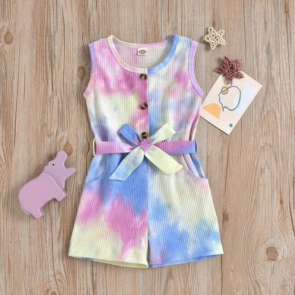 

jumpsuits kids baby girl button tie-dye romper 2021 casual sleeveless jumpsuit summer o-neck vest outfits clothes playsuit with belt, Blue