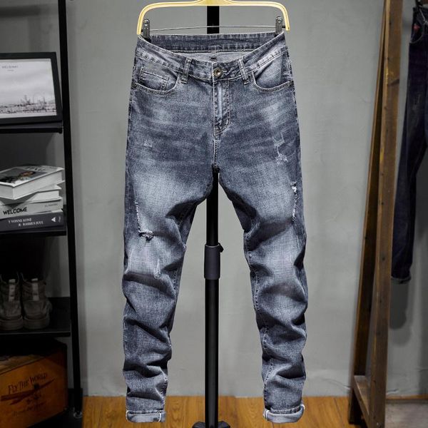 

men's jeans 2021 evergreen fashion brand street worn holes personalized slim, Blue