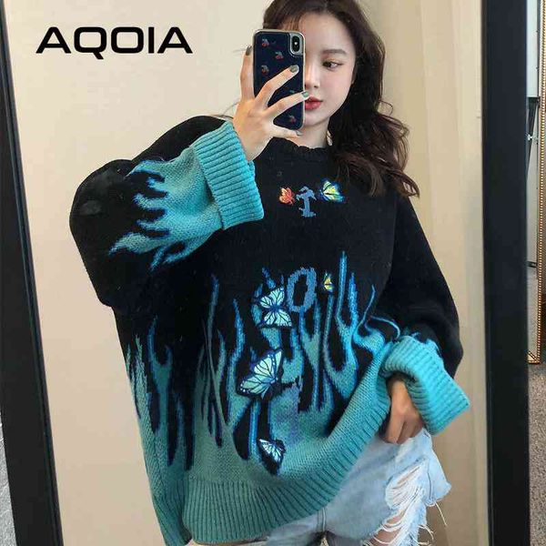 Winter Blaue Flamme Stickerei Damen Pullover Schmetterling Langarm Strick Warme Pullover Frauen INS Mode Weibliche Pullover 210521